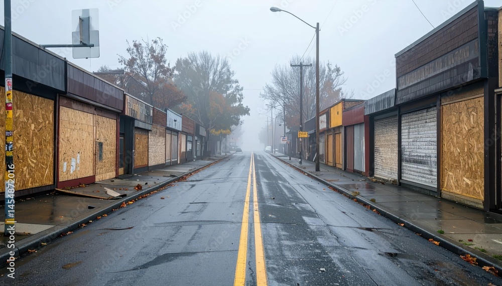 Fototapeta premium Abandoned Urban Street with Boarded Windows and Foggy Atmosphere