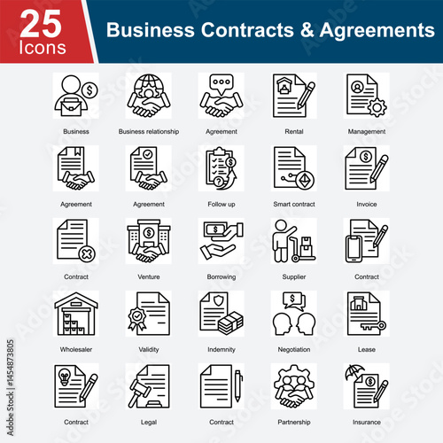 Business Contracts & Agreements is a collection of icons representing various business contracts, including rental agreements, partnership contracts, smart contracts, leases, supplier agreements.