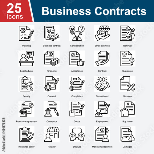 Business Contract is a collection of icons that represent various elements of business agreements, including contract terms, legal advice, financing, dispute resolution, penalties.
