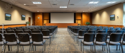 Chairs fill spacious conference room, awaiting presentation before large screen and lectern.