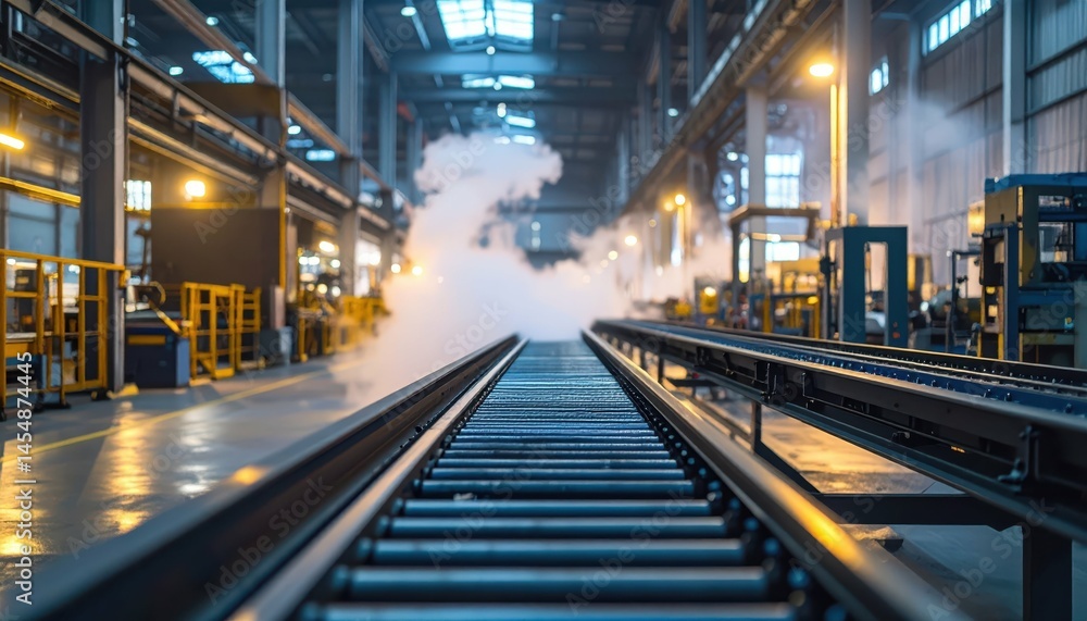 Industrial Warehouse with Machinery and Smoky Atmosphere in Action Industrial Warehouse with Machinery and Smoky Atmosphere in Action