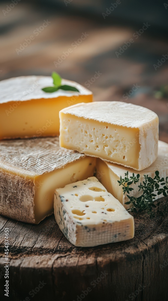 Assorted cheeses displayed on a wooden board with herbs and natural lighting in a cozy kitchen setting Assorted cheeses displayed on a wooden board with herbs and natural lighting in a cozy kitchen setting
