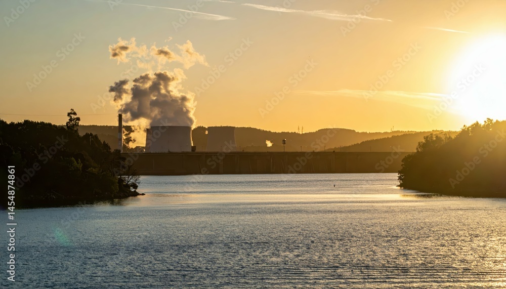 Fototapeta premium Industrial Power Plant at Sunset with Reflections on Water Surface