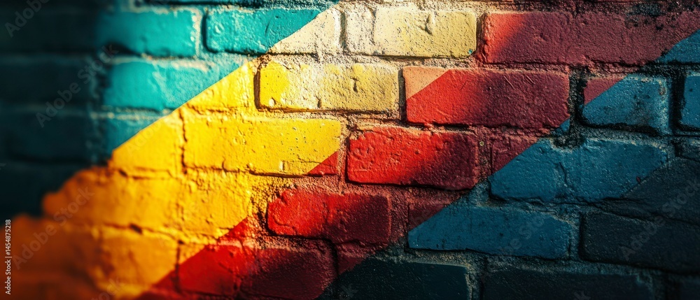 Brick wall features geometric pattern created with paints, adding vibrancy. Brick wall features geometric pattern created with paints, adding vibrancy.