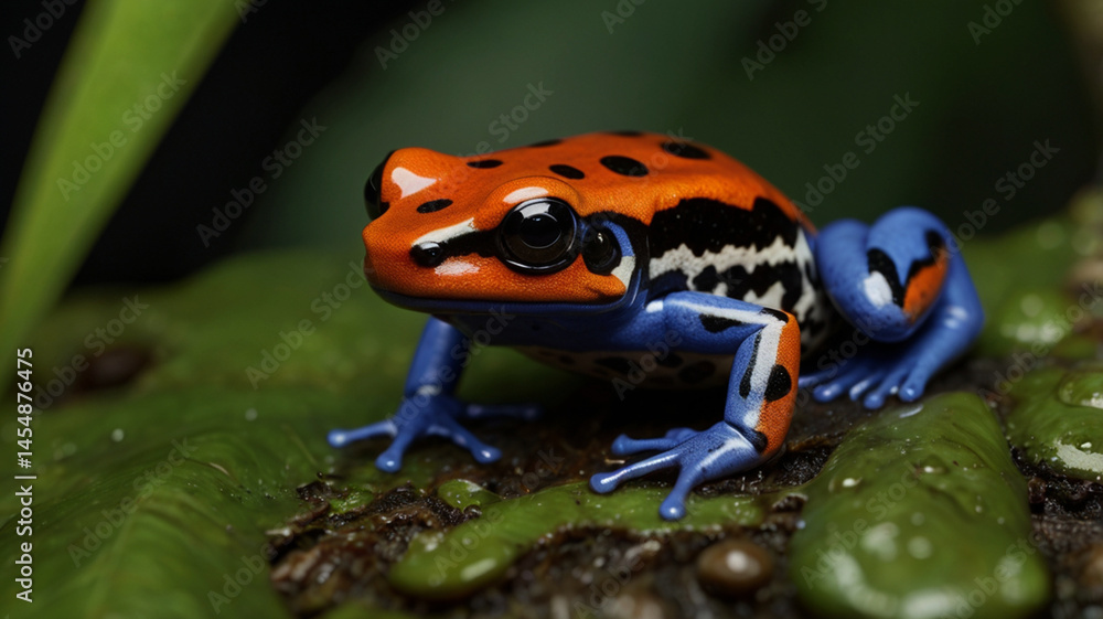 Fototapeta premium Ultra-Realistic Macro Photograph of a Poison Dart Frog, Nature’s Colorful Toxic Beauty