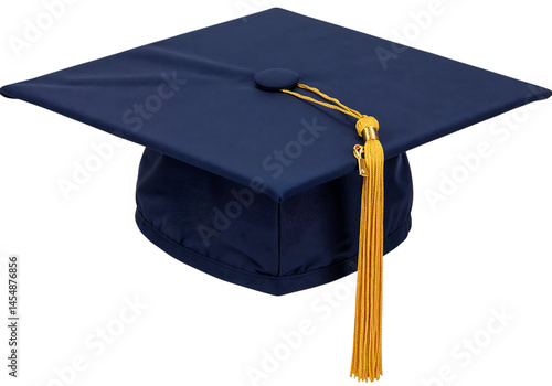 Navy blue graduation cap with gold tassel.