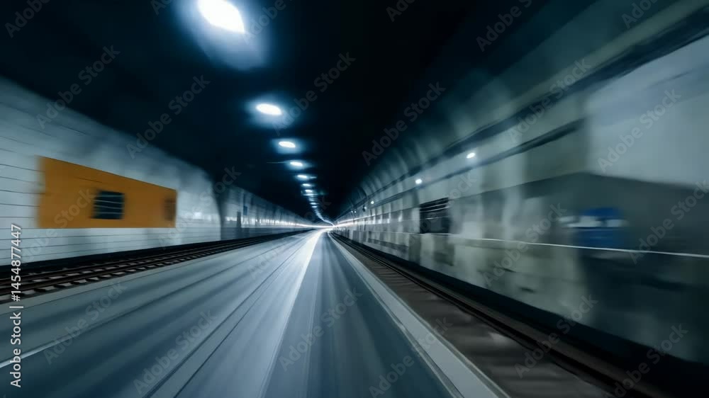 Speed ride through the underground train tunnel. Moving fast on the subway railway. First person view Speed ride through the underground train tunnel. Moving fast on the subway railway. First person view