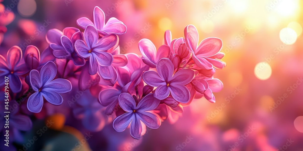 Fototapeta premium Vibrant lilac flowers bloom during golden hour in a serene garden setting