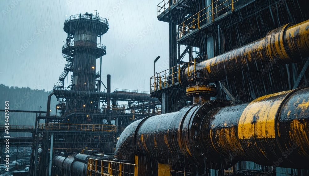Industrial Landscape with Pipes and Structures in Rainy Weather Industrial Landscape with Pipes and Structures in Rainy Weather