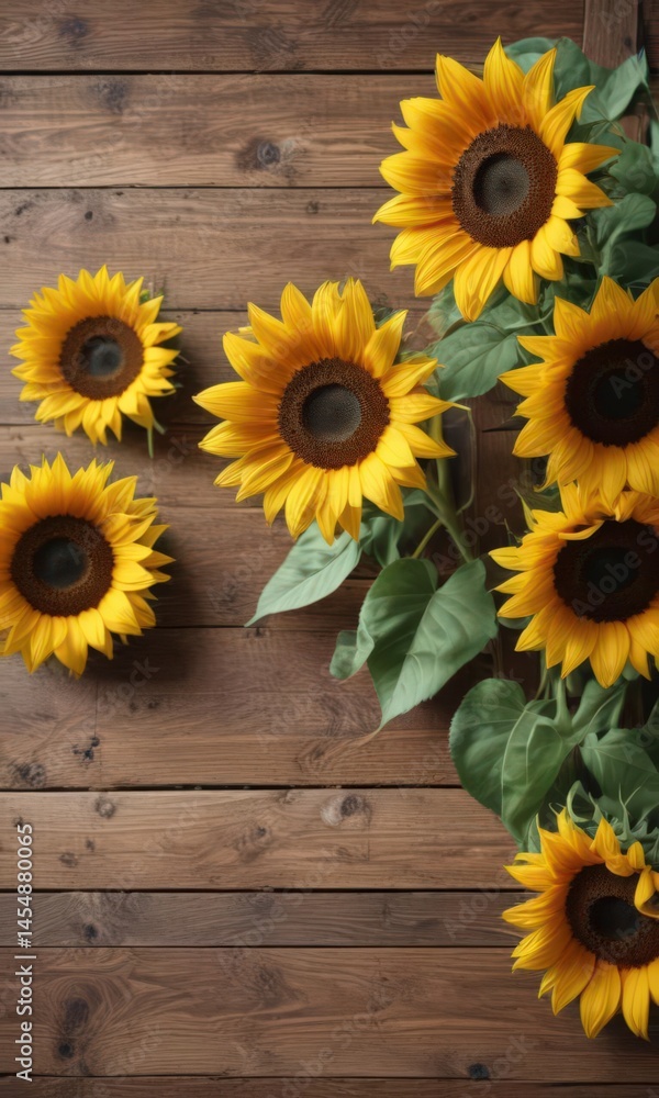 Obraz premium Vibrant sunflowers arranged on rustic wooden board , garden, artwork, background