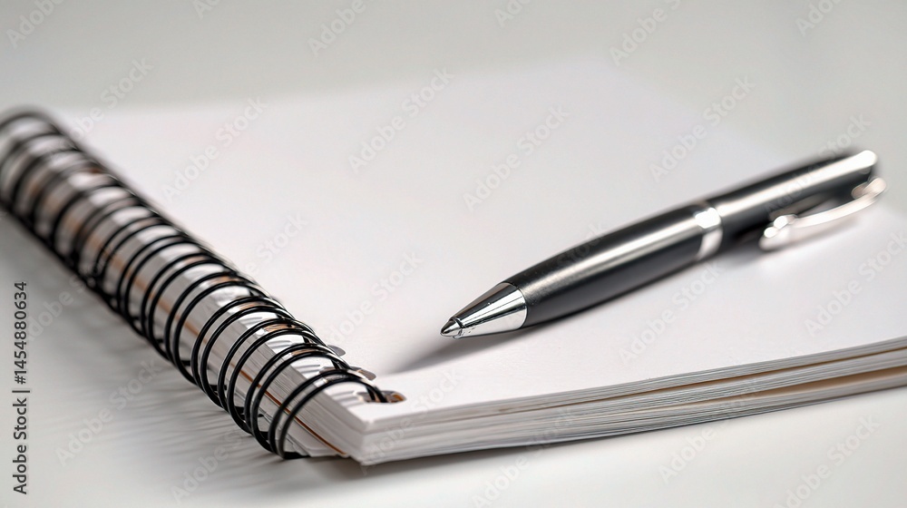 Gentle Curve of a Spiral Notebook with Black Pen on Blank Page Gentle Curve of a Spiral Notebook with Black Pen on Blank Page