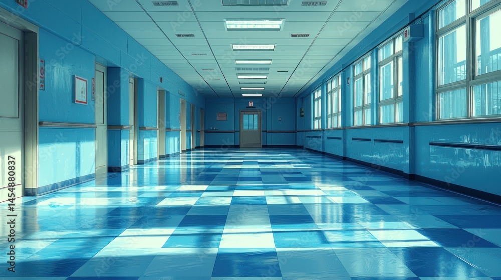Empty School Hallway with Blue Tiles and Natural Light Streaming in Empty School Hallway with Blue Tiles and Natural Light Streaming in