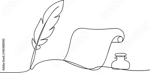 Minimalist continuous line drawing of quill pen, feather, scroll, and inkwell in black and white, vintage calligraphy concept illustration

