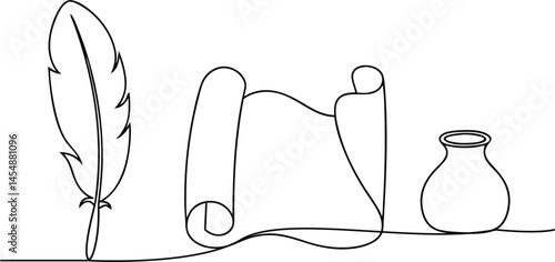 Minimalist continuous line drawing of quill pen, feather, scroll, and inkwell in black and white, vintage calligraphy concept illustration

