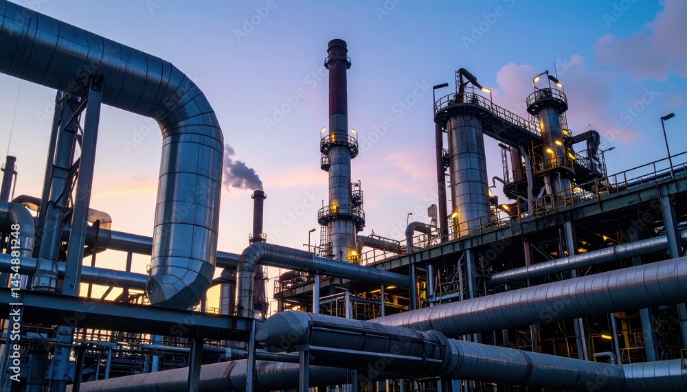 Fototapeta premium Industrial Complex at Dusk with Pipes and Smokestacks Against Sky
