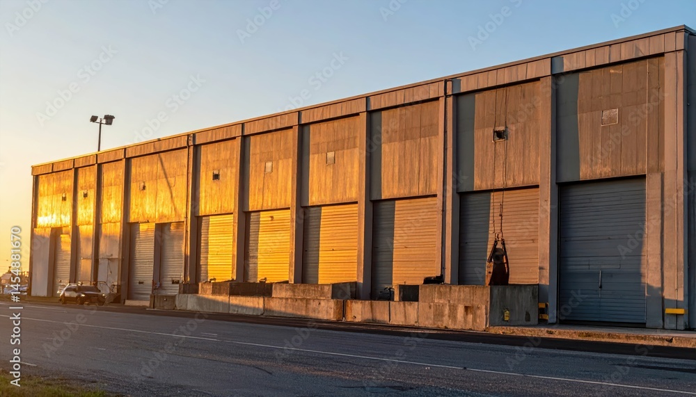 Fototapeta premium Industrial Warehouse with Sunset Reflection on Metal Panels