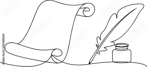 Minimalist continuous line drawing of quill pen, feather, scroll, and inkwell in black and white, vintage calligraphy concept illustration

