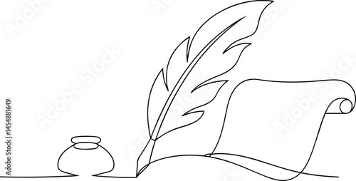 Minimalist continuous line drawing of quill pen, feather, scroll, and inkwell in black and white, vintage calligraphy concept illustration

