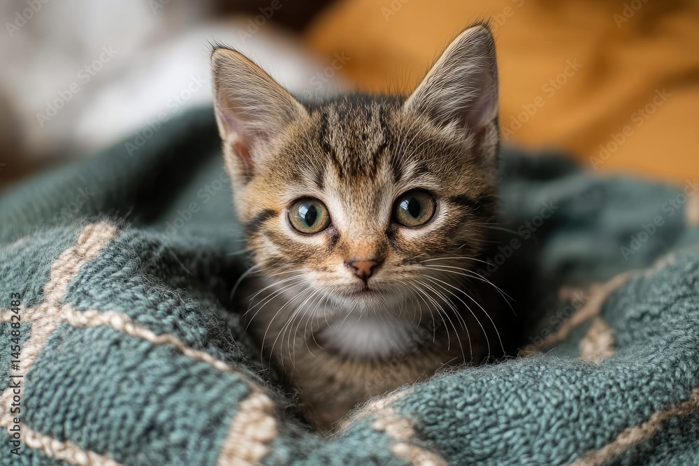 A small adorable kitten sitting inside a cozy blanket A small adorable kitten sitting inside a cozy blanket