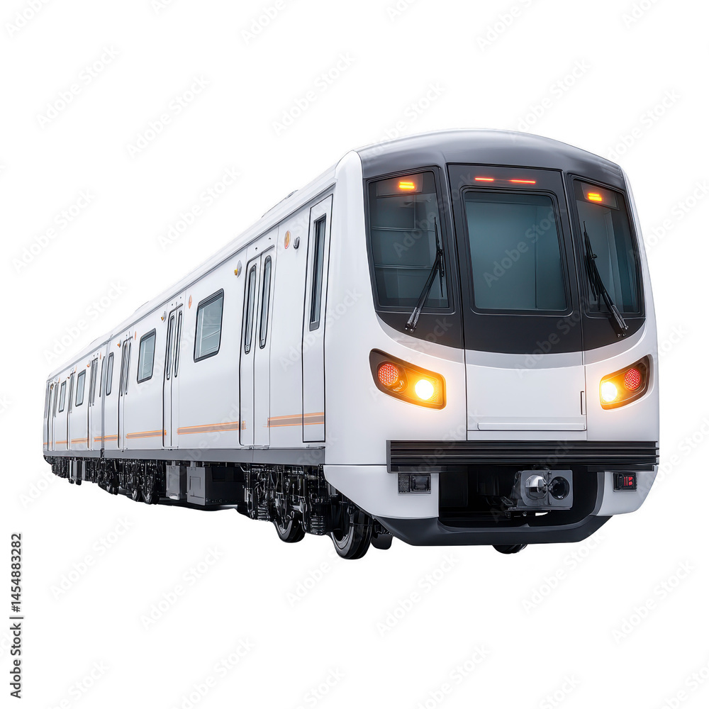 Modern white subway train with sleek design and illuminated headlights, set against transparent background. train features multiple connected carriages and large windows Modern white subway train with sleek design and illuminated headlights, set against transparent background. train features multiple connected carriages and large windows