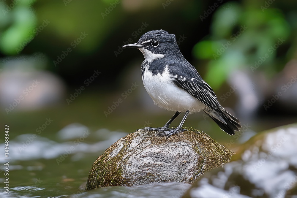Obraz premium A small black and white bird sitting on a wet rock