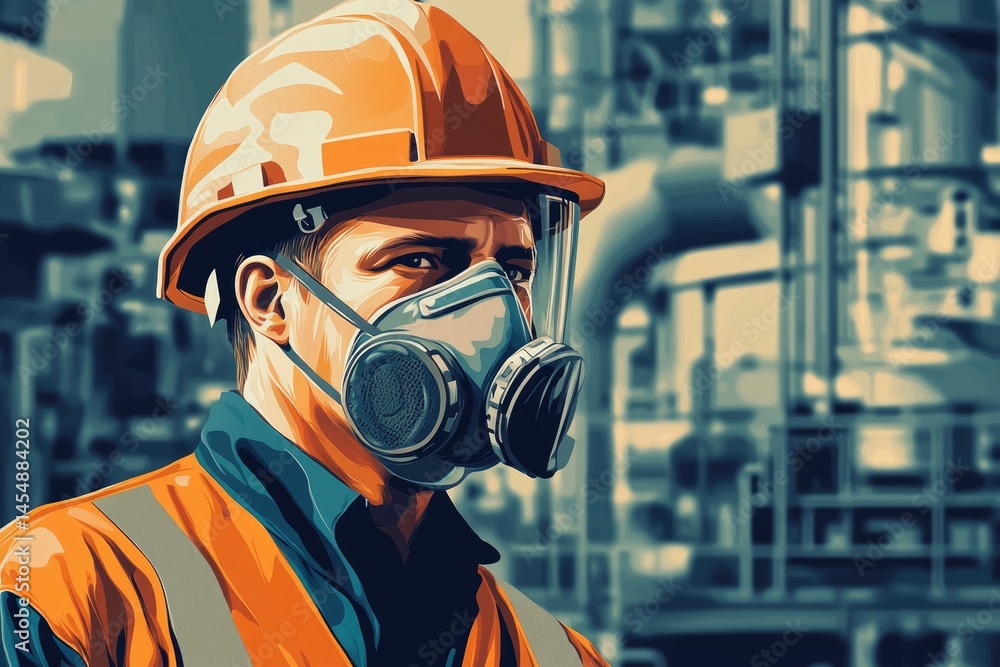 Mature Caucasian Engineer in Hard Hat and Mask Operating in Industrial Factory Environment Mature Caucasian Engineer in Hard Hat and Mask Operating in Industrial Factory Environment