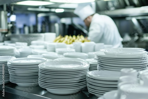Neat Stacks of Unbreakable Dishware in a Cruise Ship Galley for Culinary Preparations