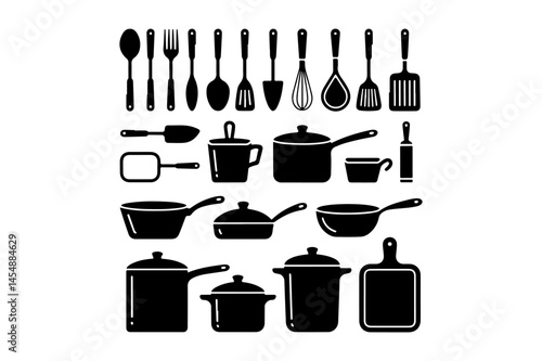 Collection of various kitchen utensils and cookware in black silhouette
