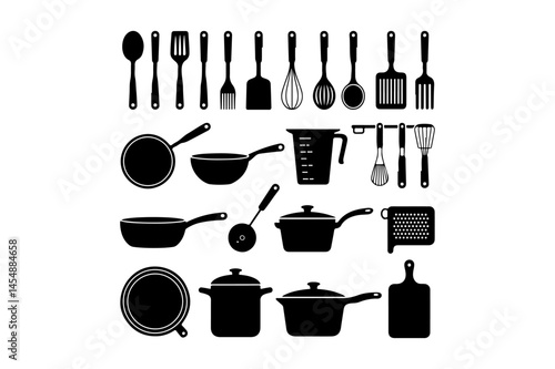 Collection of various kitchen utensils and cookware in black silhouette