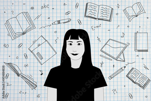 A schoolgirl with school objects around. A back-to-school hand-drawn illustration. An Asian teenage girl school drawing. A college student.