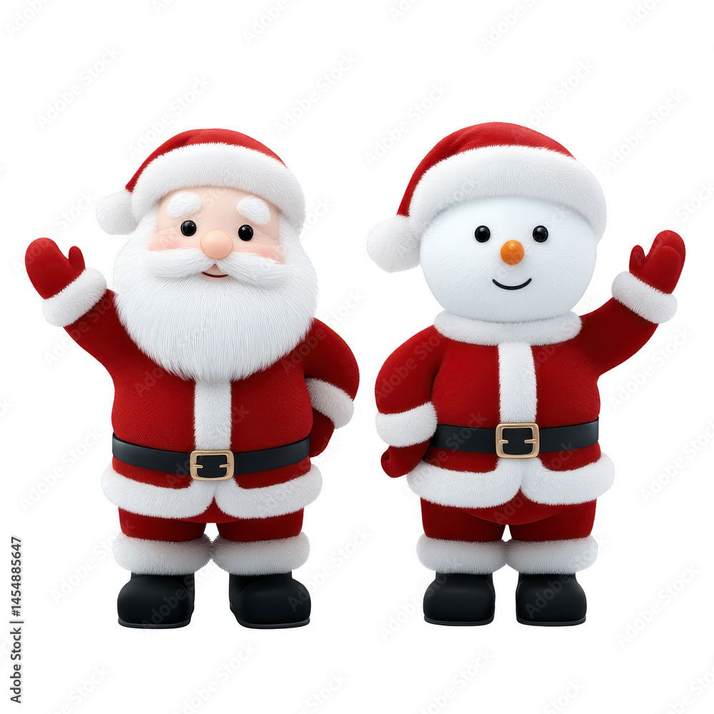 Santa Claus and snowman dressed in matching red suits wave cheerfully, embodying festive spirit of Christmas. Their joyful expressions and holiday attire create warm, seasonal atmosphere Santa Claus and snowman dressed in matching red suits wave cheerfully, embodying festive spirit of Christmas. Their joyful expressions and holiday attire create warm, seasonal atmosphere