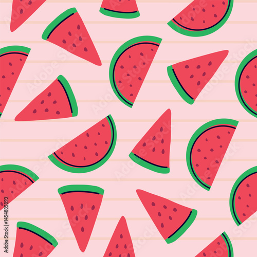 Seamless Green,  Fresh Watermelon pattern. Delicious berry, natural food. Flat, linear style in a minimalist style. art vector cartoon background for print, banner, textile, paper.