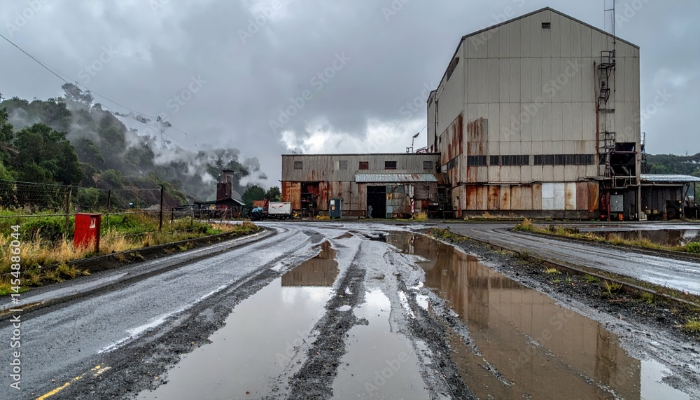 Abandoned Industrial Building with Wet Road and Overcast Sky Abandoned Industrial Building with Wet Road and Overcast Sky