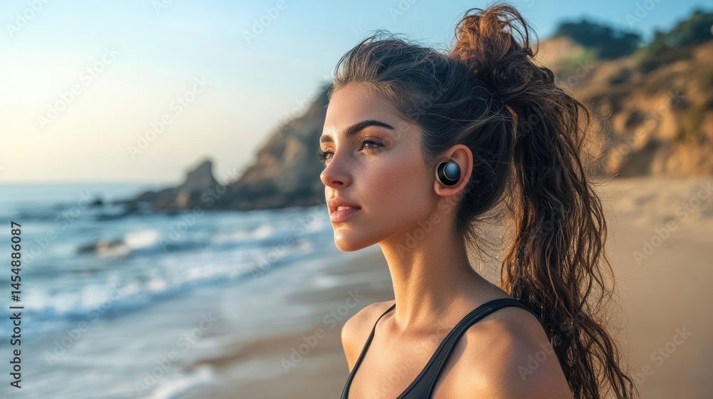 Stylish Woman Enjoying Music on the Beach with Wireless Earbuds - Perfect for Relaxation and Active Lifestyle Stylish Woman Enjoying Music on the Beach with Wireless Earbuds - Perfect for Relaxation and Active Lifestyle