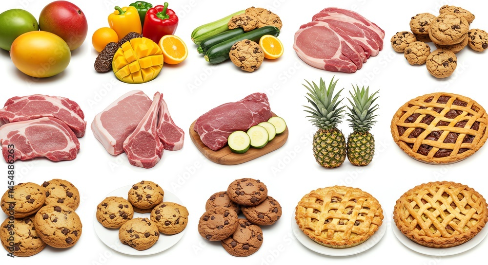 Fototapeta premium Selection of Meat, Fruit, Vegetables and Desserts