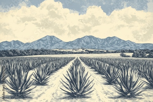 Vintage Etching of Agave Harvesting: Retro Field Scene for Tequila Production, Hand-Drawn Woodcut Illustration