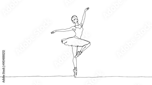 Ballerina performs elegant pose. Dress pointe shoes arms outstretched. Dance studios performance art websites. Minimalist line art style bright white background illustration