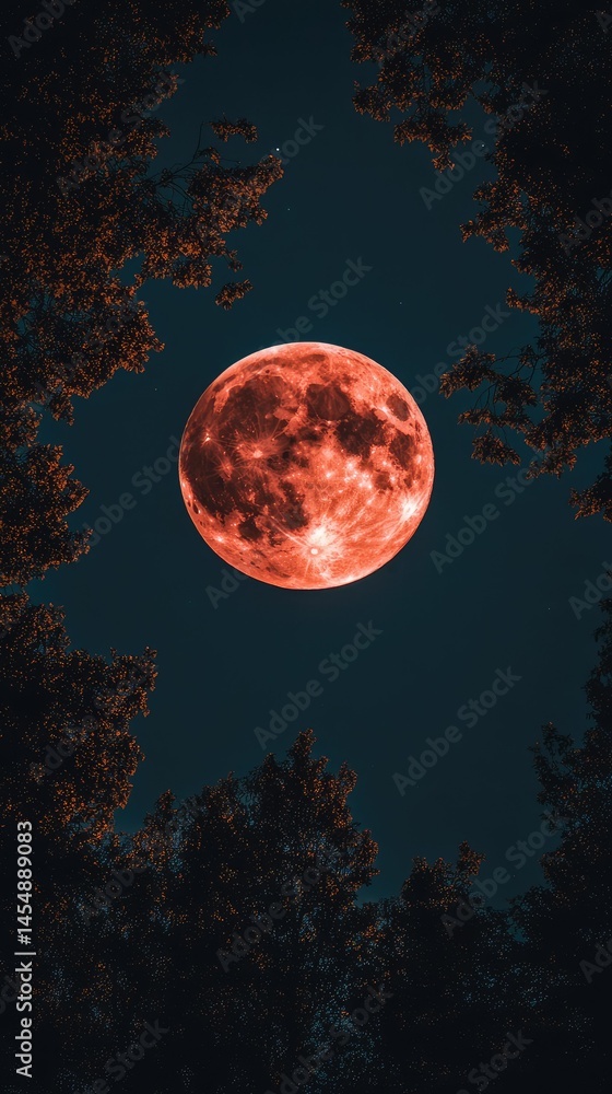 Naklejka premium Blood moon framed by trees at night