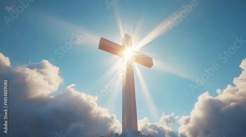 Tall wooden cross illuminated by rays of light against a bright blue sky and fluffy white clouds, symbolizing hope and new beginnings