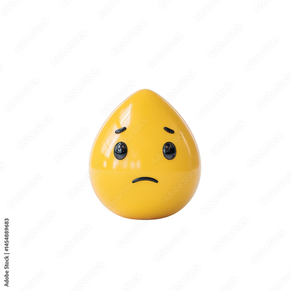 Fototapeta premium Yellow, teardrop shaped emoticon with sad expression, featuring large eyes and small frown, isolated on transparency background