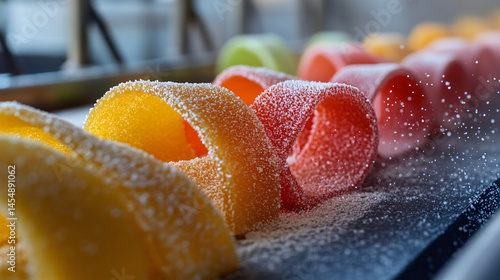 A batch of colorful sour belts being dusted with sugar on a conveyor belt.