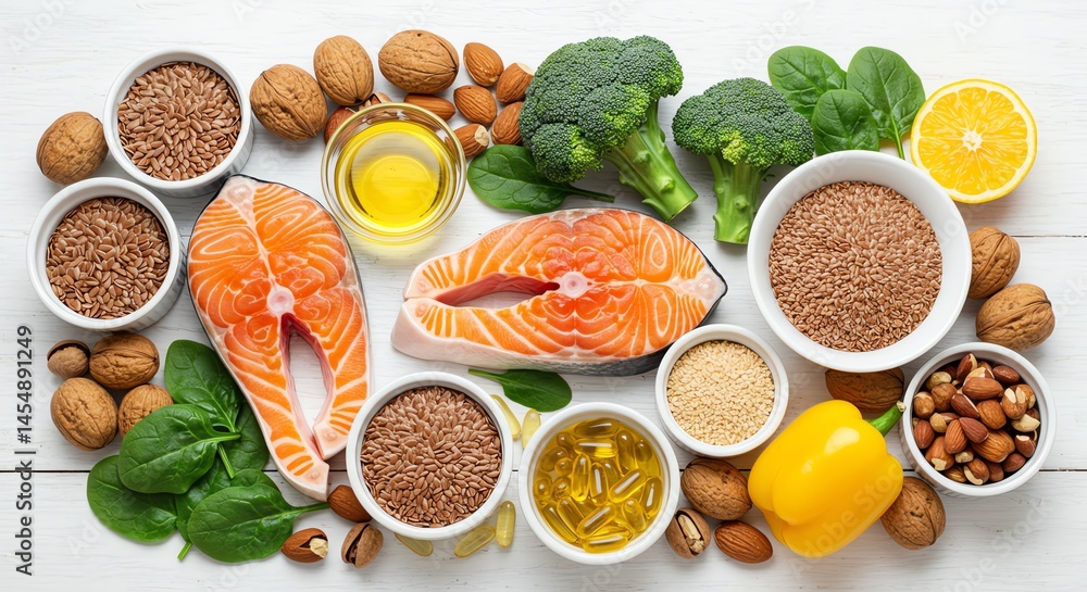 Assortment of Salmon, Nuts, and Vegetables on White Wood Table Assortment of Salmon, Nuts, and Vegetables on White Wood Table