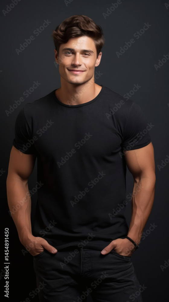 Naklejka premium Studio Portrait of Handsome Young Man in Black T-Shirt - Confident Pose Dark Background