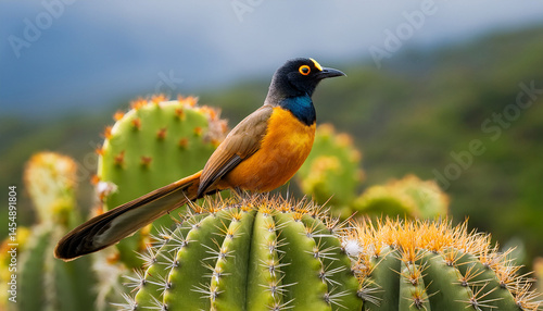 venezuelan troupial sitting on cactus