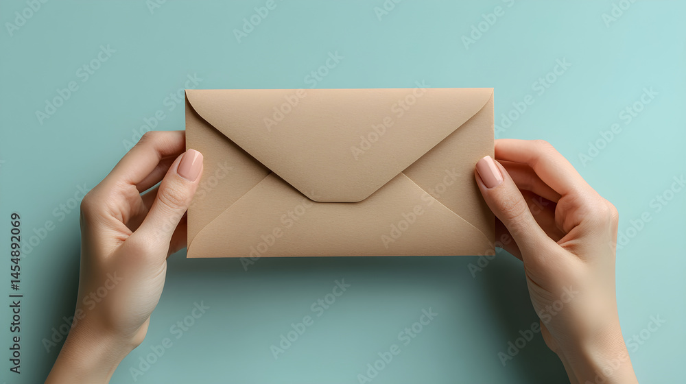 Hand presenting kraft mailing envelope over bright neutral background Hand presenting kraft mailing envelope over bright neutral background