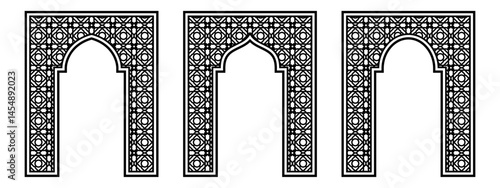 Islamic Arch Frame with Intricate Geometric Pattern and Mashrabiya Border, Editable Vector EPS for Mosque Art, Laser Cutting, CNC Panels, and Middle Eastern Decor