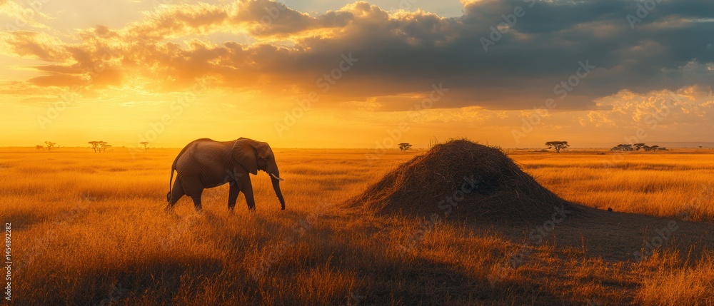 Fototapeta premium African elephant strides through savanna grasslands during golden hour, casting long shadows near haystack under dramatic sky.