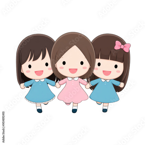 Three cute cartoon girls with smiling faces hold hands, wearing blue and pink dresses. middle girl wears pink, while others wear blue, one with pink bow