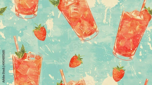 Retro Strawberry Cocktails pop against a textured turquoise background, perfect for vibrant Adobe Stock summer-themed Vintage Illustrations and Posters.