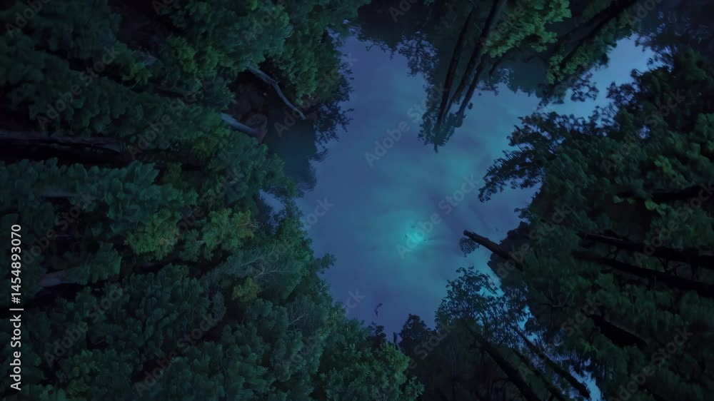 Looking up through tall forest trees at a twilight sky with a soft blue glow and surrounding darkness
Looking up through tall forest trees at a twilight sky with a soft blue glow and surrounding darkness